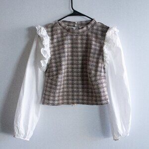Fate Blouse Bonded With Vest Ruffled Long Sleeve Cropped Plaid Print Size Small